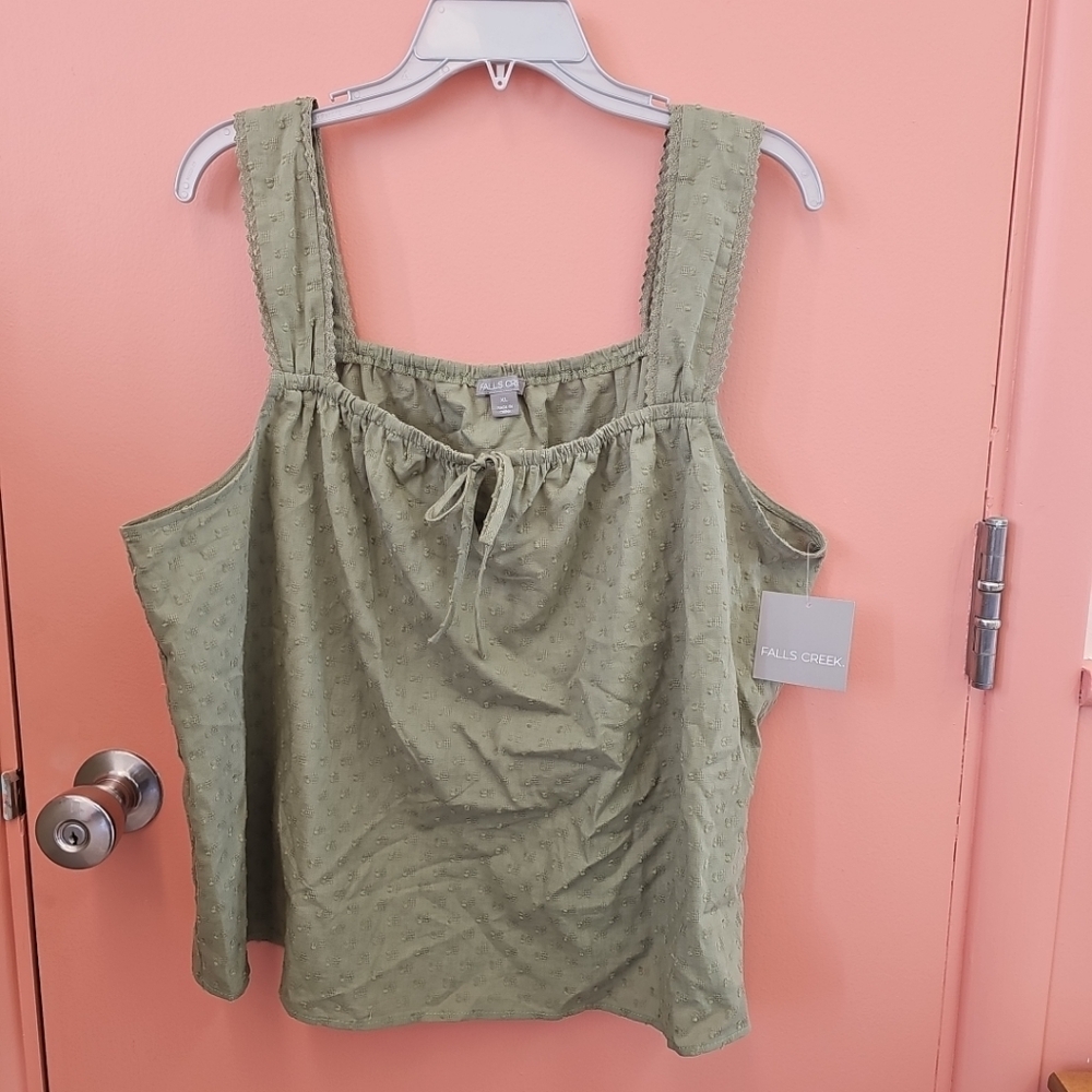 NWT Womens XL Green Falls Creek Clip Dot Keyhole Tie Tank Top Blouse 100% Cotton